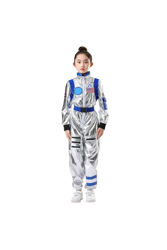 Carnival Spacesuit For Girls Boys Print Long Sleeve Stand Collar Romper Fashion Loose Children'S Festival Dress Up Astronaut Clothing Blue