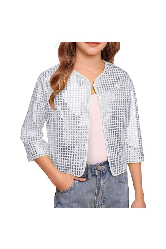 Carnival Tops For Girls Child Sequin Plaid Print Long Sleeve Crew Neck Cardigan Lightweight Kids Mardi Gras Performance Jacket Silver Size 9-10 Years