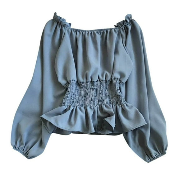 Tisuna Casual Daily Tops For Women Solid Color Long Sleeve Off The Shoulder Shirt Comfortable Soft Ladies Short Blouse Blue
