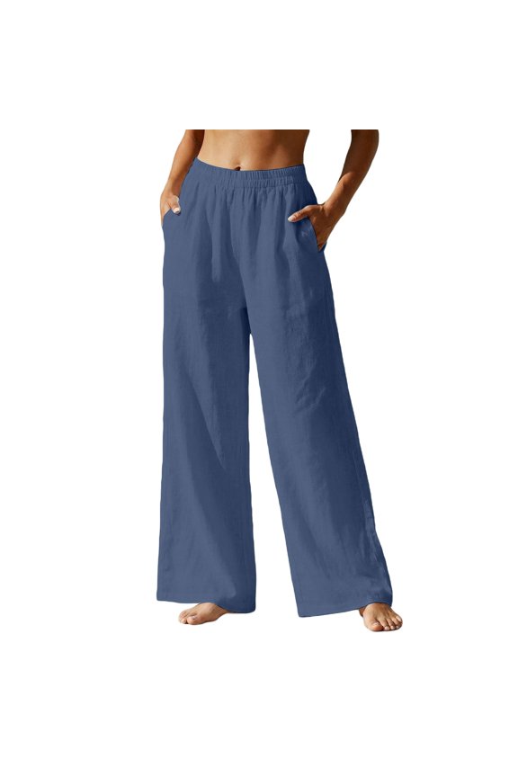 Casual Linen Pants Women Solid Color Elastic Waist Wide Leg Trousers Breathable Leisure Ladies Work Business Street Casual Pants Navy Size S