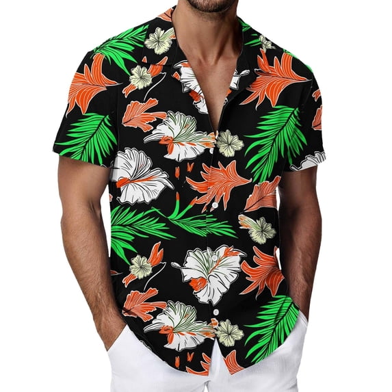 Tisuna Casual Summer Shirts For Men Floral Print Short Sleeve Lapel Collar Tops Comfortable Leisure Men'S Button Down Hawaii Shirts Black Size Xxxxxl