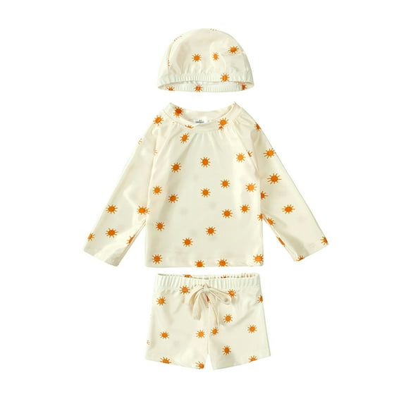 Tisuna Casual Swimsuit For Boys Toddler Cartoon Print Long Sleeve Crew Neck Shirt With Trunks Swimwear Comfortable Soft Little Kids Spring Summer Beachwear With Hat Beige Size 6-12 Months