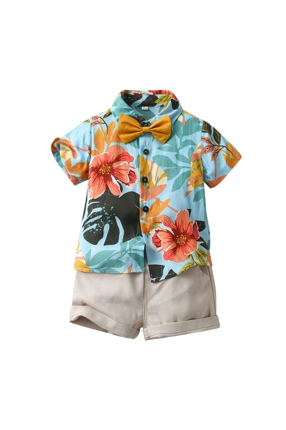 Casual Toddler Gentleman Outfit Set Floral Print Short Sleeve Button Down Shirts And Overalls Shorts Set Handsome Soft Kids Casual Outfits Size 2-3 Years Yellow