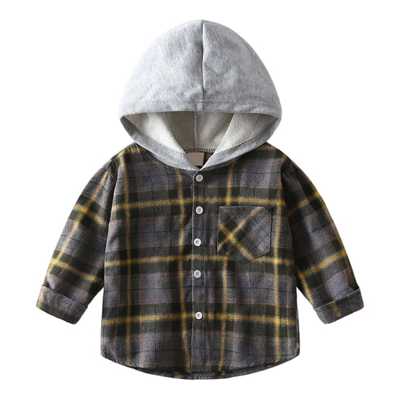 Tisuna Child Boys Long Sleeve Shirts Coat Comfortable Hooded Plaid Print Tops Little Boys Everyday Wear Fall Clothes Size 3-4 Years