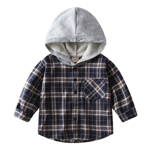 Tisuna Child Boys Long Sleeve Shirts Coat Comfortable Hooded Plaid Print Tops Little Boys Everyday Wear Fall Clothes Size 5-6 Years