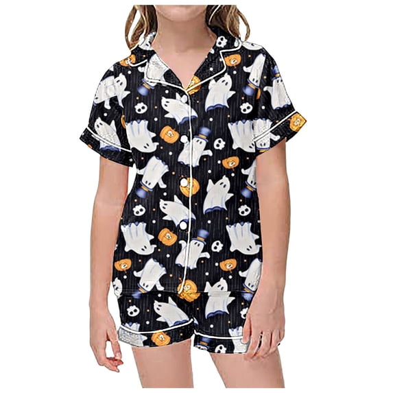 Tisuna Child Girl'S Short Sleeve Halloween Pajamas Set Ghost Print Collared Tops And Shorts Pjs Set Lightweight Casual Kids Halloween 2 Pieces Sleepwear For Age 2-13 Years