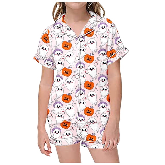 Tisuna Child Girl'S Short Sleeve Halloween Pajamas Set Ghost Print Collared Tops And Shorts Pjs Set Lightweight Casual Kids Halloween 2 Pieces Sleepwear For Age 2-13 Years