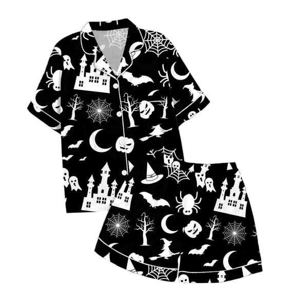Tisuna Child Girl'S Short Sleeve Halloween Pajamas Set Graphic Print Collared Tops And Shorts Pjs Set Lightweight Soft Kids Halloween 2 Pieces Sleepwear For Age 2-13 Years