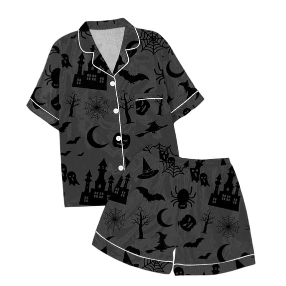 Tisuna Child Girl'S Short Sleeve Halloween Pajamas Set Graphic Print Collared Tops And Shorts Pjs Set Lightweight Soft Kids Halloween 2 Pieces Sleepwear For Age 2-13 Years