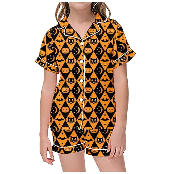Tisuna Child Girl'S Short Sleeve Halloween Pajamas Set Plaid Pumpkin Print Collared Tops And Shorts Pjs Set Fashion Stylish Kids Halloween 2 Pieces Indoor Wear For Age 2-13 Years