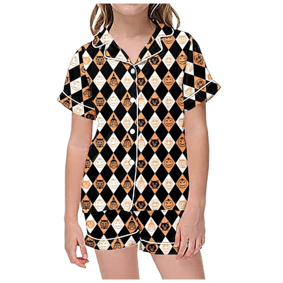 Tisuna Child Girl'S Short Sleeve Halloween Pajamas Set Plaid Pumpkin Print Collared Tops And Shorts Pjs Set Fashion Stylish Kids Halloween 2 Pieces Indoor Wear For Age 2-13 Years