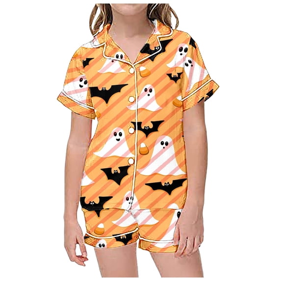 Tisuna Child Girl'S Short Sleeve Halloween Pajamas Set Plaid Pumpkin Print Collared Tops And Shorts Pjs Set Fashion Stylish Kids Halloween 2 Pieces Indoor Wear For Age 2-13 Years