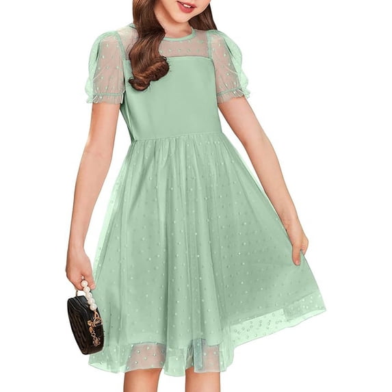 Tisuna Child Girls Stylish Dress Polka Dot Print Short Sleeve Crew Neck Dresses Fashion Lightweight Teen Girls Youth Summer Playwear Outfits Light Green Size 11-12 Years