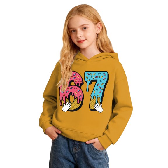 Tisuna Children'S 67 Hoodie Letter Print Long Sleeve Hooded Tops Comfortable Casual Girls Boys Fall Winter Pullover Outfits Yellow Size 9-10 Years