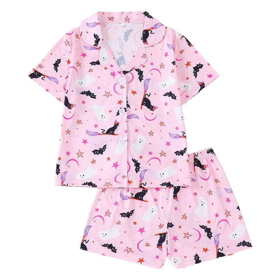 Tisuna Children'S Short Sleeve Halloween Pajamas Set For Girls Ghost Bat Print Collared Tops And Shorts Pjs Set Lightweight Casual Kids Halloween 2 Pieces Sleepwear For Age 4-7 Years