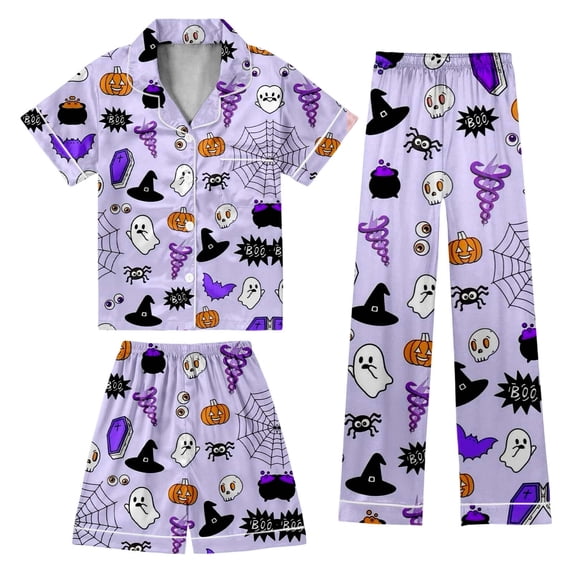 Tisuna Children'S Short Sleeve Halloween Pajamas Set For Girls Graphic Print Collared Tops Shorts & Long Pants Pjs Set Fashion Cute Kids Halloween 3 Pieces Indoor Wear For Age 3-13 Years