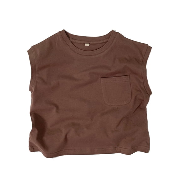 Tisuna Children'S Summer Vest Solid Color Sleeveless Crew Neck Tops Breathable Soft Girls Boys Loose Fit T Shirt With Pocket Coffee Size 5-6 Years