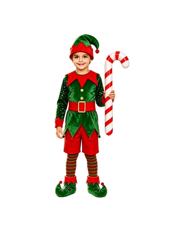 Christmas Elf Costume For Boys Kids Holiday Cosplay Outfit Set Long Sleeve Tops And Shorts With Accessories For Theme Events