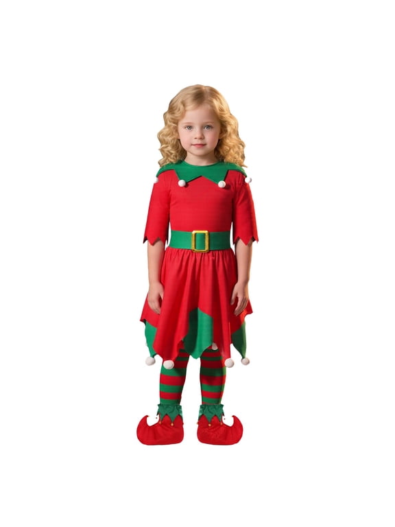 Christmas Elf Costume For Girl Kids Holiday Cosplay Dress Outfit Short Sleeve Dress With Hat Belt Shoes Stripe Socks For Festival Events