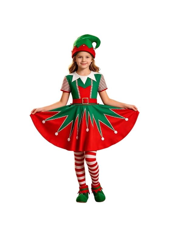 Christmas Elf Costume For Girl Kids Holiday Cosplay Dress Outfit Short Sleeve Dress With Hat Shoes Stripe Socks For Dress Up