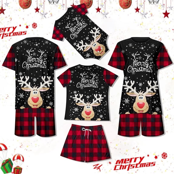 Tisuna Christmas Family Matching Set Reindeer Plaid Print Short Sleeve Crew Neck Homewear Loose Comfortable Mom Tops And Shorts Set Red Size L