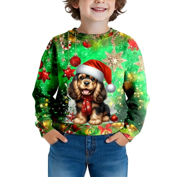 Tisuna Christmas Hoodie For Little Boys Cartoon Print Long Sleeve Crew Neck Tops Thick Loose Autumn Winter Kids Pullover Sweatshirt Green Size 3-4 Years