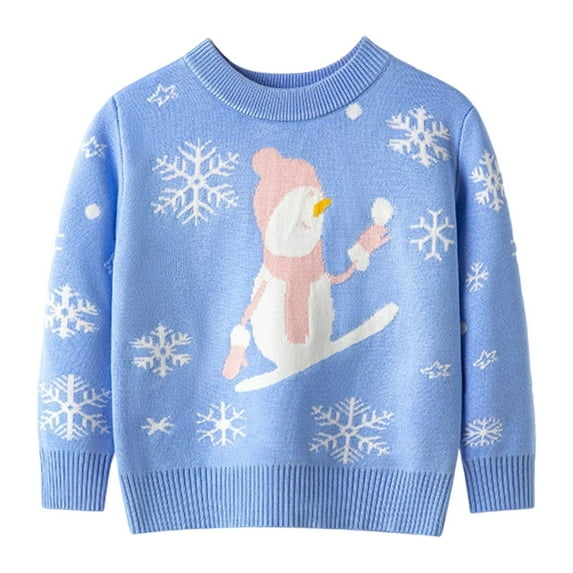 Tisuna Christmas Sweater For Girls Toddler Snowman Print Long Sleeve Crew Neck Tops Fashion Loose Autumn Winter Kids Outdoor Wear Blue Size 18-24 Months