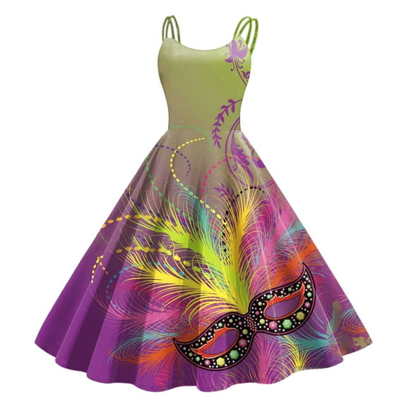 Tisuna Coffee Mardi Gras Dress For Women Fashion Print Sleeveless Suspender Dresses Lightweight Soft Ladies Festival Parties Formal Dress Size M