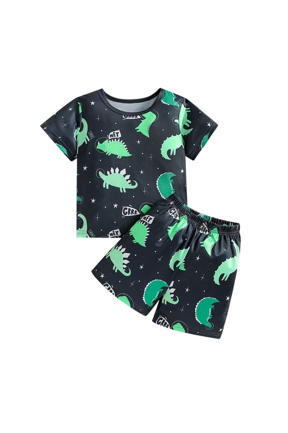 Cozy Toddler Boys Sleep Glow Sets Cartoon Print Short Sleeve Crew Neck Tops And Shorts Set Cute Comfort Fit Infant Kids Holiday Casual Daily Loungewear Size 3-4 Years Black