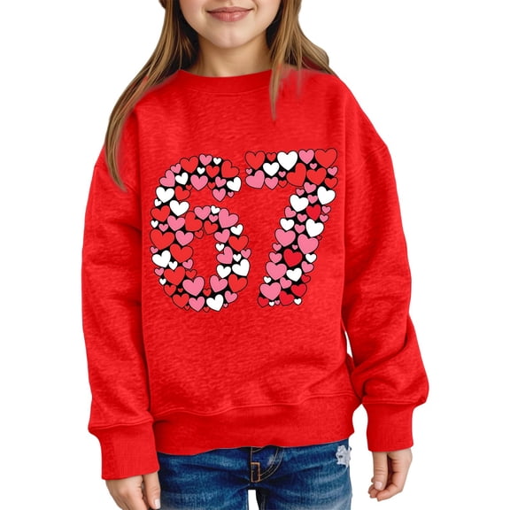 Tisuna Crewneck 67 Sweatshirt For Girls Heart Print Long Sleeve Pullover Tops Cute Elegant Kids Loose Fit Pullover Sweatshirt Size 18-24 Months Red