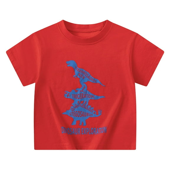 Tisuna Crewneck Shirt For Boys Child Dinosaur Print Short Sleeve Pullover Tops Fashion Cute Little Kids Summer Outfits Red Size 3-4 Years