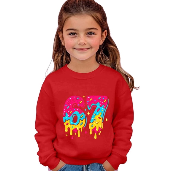 Tisuna Crewneck Sweatshirt For Girls Child 67 Print Long Sleeve Pullover Tops Fashion Breathable Kids Spring Autumn Casual Wear Size 6-7 Years Red