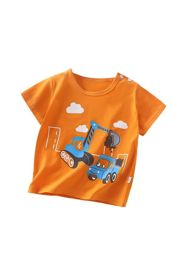 Crewneck Tops For Toddler Boys Cartoon Car Print Short Sleeve Pullover Shirt Casual Soft Summer Boys Clothes Orange Size 4-5 Years