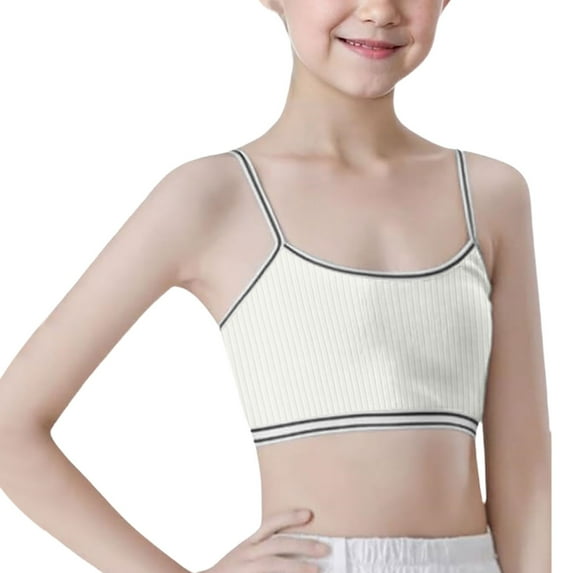 Tisuna Crop Top Bra Girls Solid Color Spaghetti Strap Seamless Sports Bra Lightweight Leisure Little Girls Youth Fitness Yoga Casual Dailywear White Size 10-13 Years