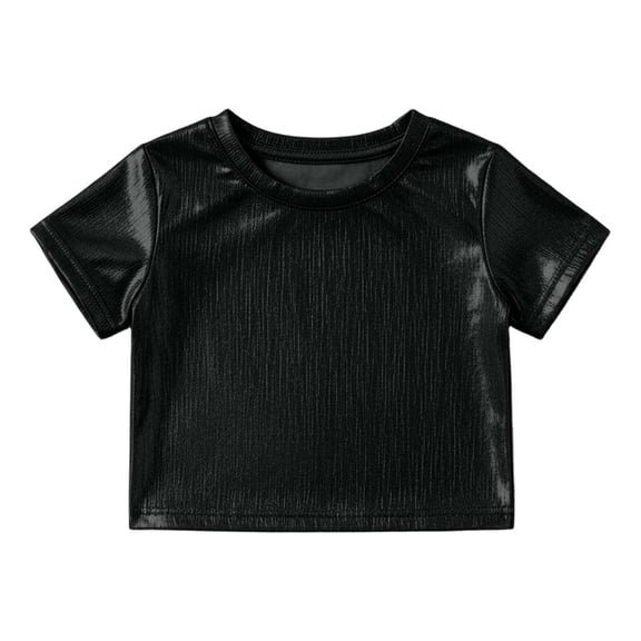 Tisuna Cropped Tops For Girls Child Sequin Laser Print Short Sleeve Crew Neck Shirt Comfortable Kids Regular Fit Festival Carnival Outfits Black Size 3-4 Years