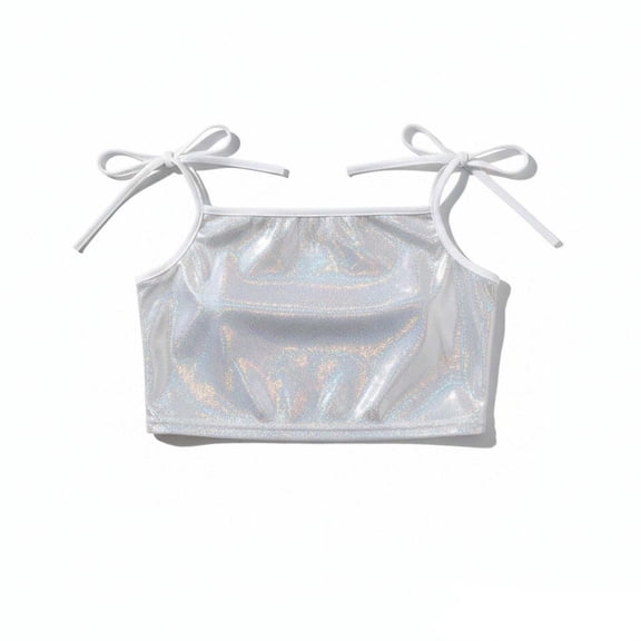 Tisuna Cropped Tops For Girls Child Sequin Laser Print Sleeveless Halter Shirt Comfortable Kids Regular Fit Festival Carnival School Outfits Silver Size 3-4 Years