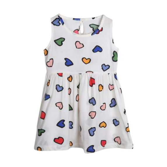 Tisuna Cute Summer Dress For Girls Toddler Heart Print Sleeveless Crew Neck Dresses Comfortable Soft Little Girls Casual Outdoor Wear White Size 2-3 Years
