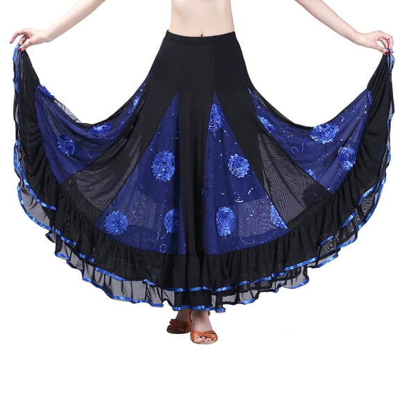 Tisuna Dark Blue Carnival'S Long Skirt For Women Color Block Floral Print Mid Waist Skirts Breathable Loose Fit Ladies Festival Performance Wear