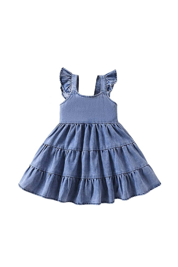Denim Dress For Girls Solid Color Ruffled Sleeve Square Neck Dresses Fashion Modern Baby Girls Summer Holiday School Wear Light Blue Size 6-9 Months