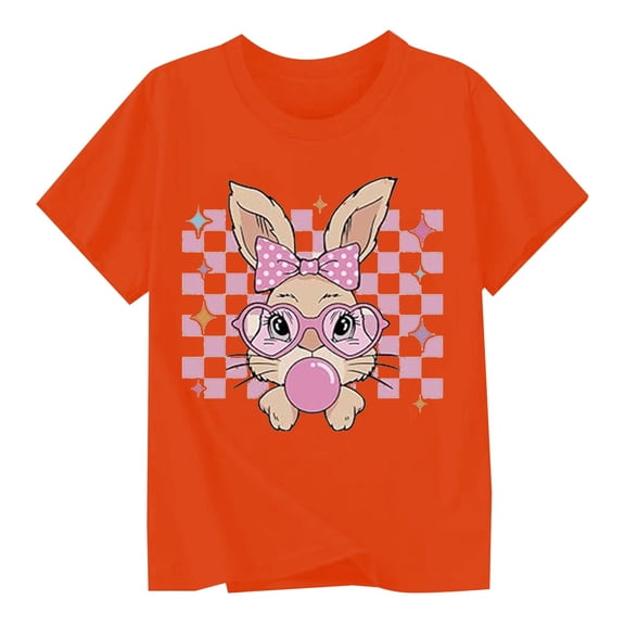Tisuna Diy Easter Outfits For Girls Cartoon Print Short Sleeve Crew Neck Tops Fashion Loose Kids Summer T-Shirts Orange Size 6-7 Years