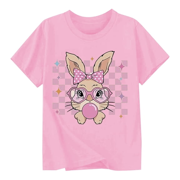 Tisuna Diy Easter Outfits For Girls Cartoon Print Short Sleeve Crew Neck Tops Fashion Loose Kids Summer T-Shirts Pink Size 3-4 Years