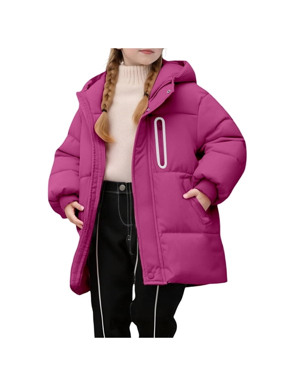 Down Jacket For Girls Warm Zip Up Hooded Jackets Solid Color Daily Wear Outerwear Coat For Child Age 3-11 Years Pink