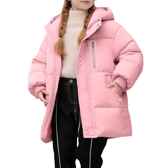 Tisuna Down Jacket For Girls Warm Zip Up Hooded Jackets Solid Color Daily Wear Outerwear Coat For Child Age 3-11 Years Pink