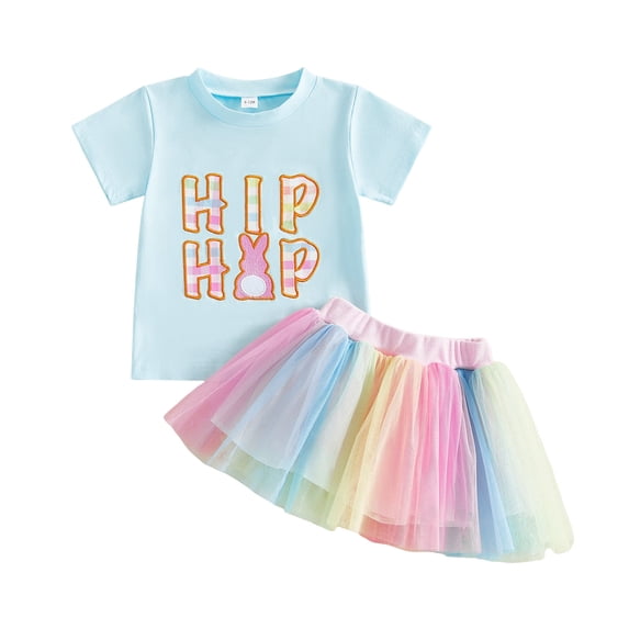 Tisuna Easter Bunny Print Girls Summer Outfit Short Sleeve Crew Neck Tee With Rainbow Mesh Tutu Skirt Two Piece Set Toddler Stylish Fit Festival Party Wear Blue Size 6-12 Months