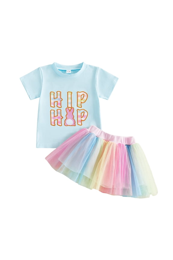 Easter Bunny Print Girls Summer Outfit Short Sleeve Crew Neck Tee With Rainbow Mesh Tutu Skirt Two Piece Set Toddler Stylish Fit Festival Party Wear Blue Size 2-3 Years