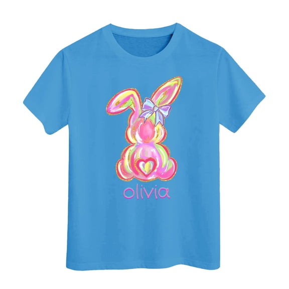 Tisuna Easter Clothes For Girls Child Rabbit Print Short Sleeve Crew Neck Tops Cute Casual Kids Summer Festival T Shirts Light Blue Size 4-5 Years