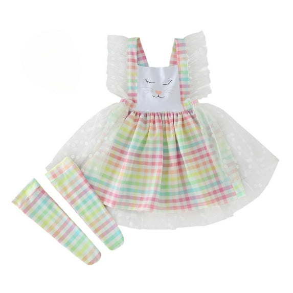 Tisuna Easter Mesh Dress For Girls Toddler Striped Print Ruffled Sleeve Square Neck Dresses With Leg Warmer Casual Loose Little Girls Easter Outfits Pink Size 18-24 Months