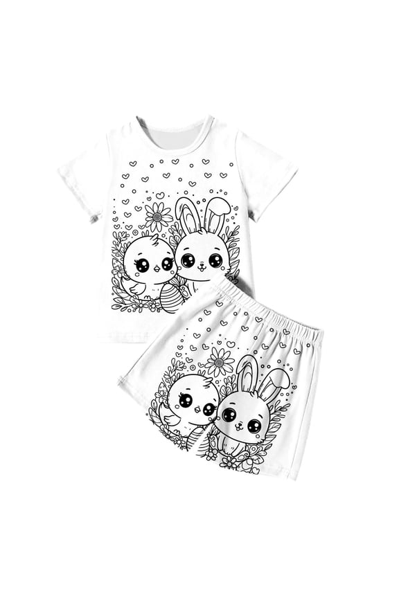 Easter Outfits Set For Boys Girls Child Cartoon Print Short Sleeve Crew Neck Pajamas Breathable Leisure Summer Kids Clothing Set White Size 11-12 Years