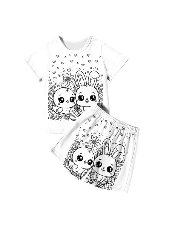 Easter Outfits Set For Boys Girls Child Cartoon Print Short Sleeve Crew Neck Pajamas Breathable Leisure Summer Kids Clothing Set White Size 5-6 Years