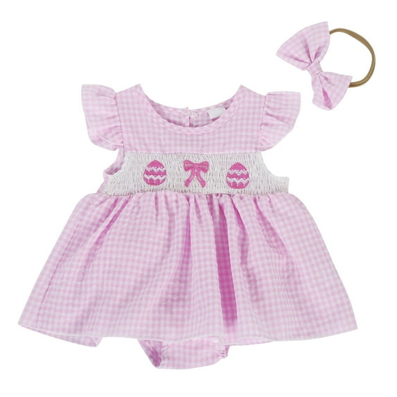 Tisuna Easter Romper Dress For Newborn Girls Cartoon Plaid Print Sleeveless Suspender Jumpsuit Comfortable Casual Baby Kids Summer Outfits Pink Size 6-12 Months
